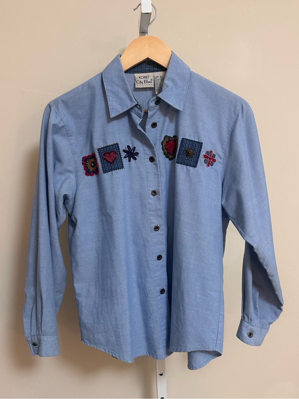 Vintage Koret City Blues Petites S Blue Patchwork Embroidered Shirt Cottagecore